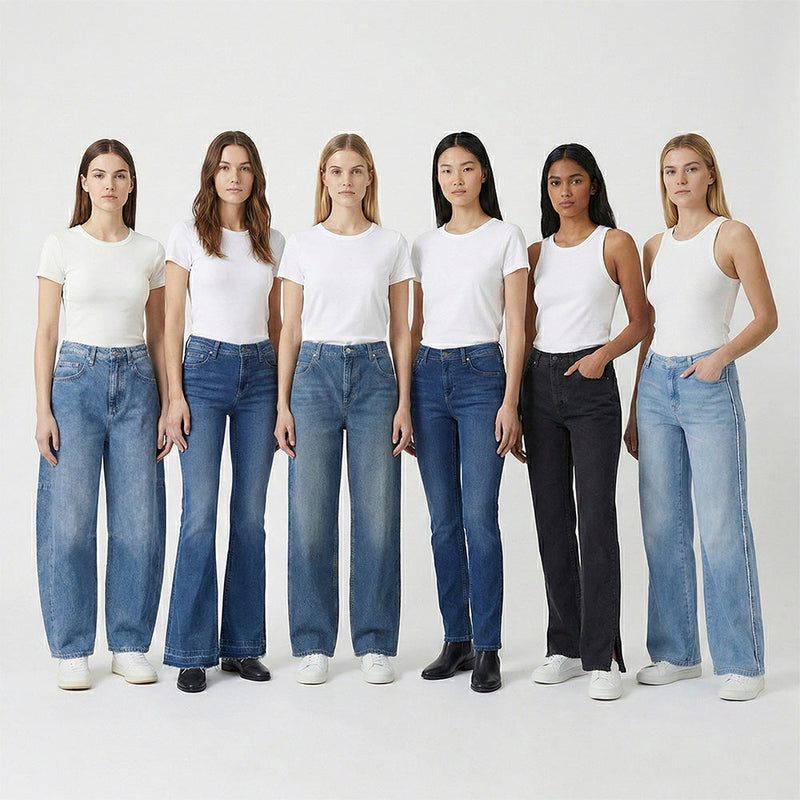 Mehrere Models mit weißen T-Shirts und verschiedenen Jeans Passformen und Waschungen