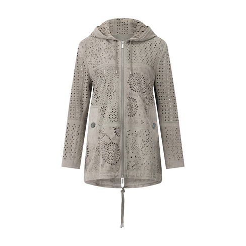 Lederjacke aus Veloursleder mit Lochmuster 46 / Graugrün