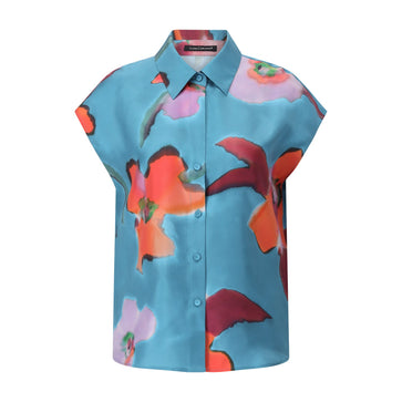 Ärmellose Bluse mit Hibiskus-Print 40 / Blau