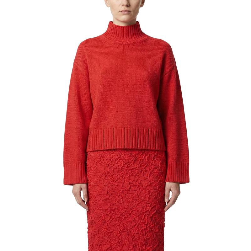 Knit sweater with stand-up collar